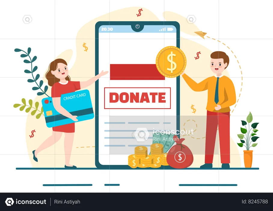 MAn and girl giving online charity  Illustration