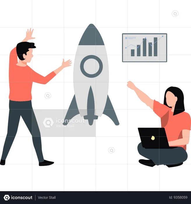 Man and girl talking about rocket  Illustration
