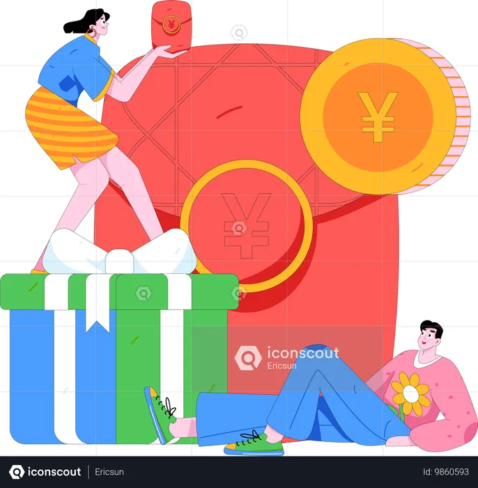 Man and girl with Chinese wallet  Illustration