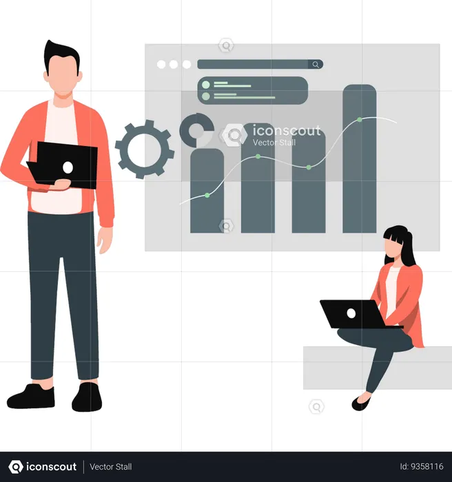 Man and girl working on laptop while doing business analysis  Illustration
