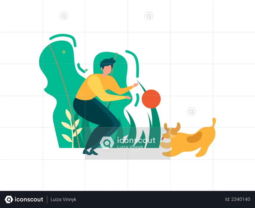 Man and his pet Dog Playing with Ball in Park  Illustration