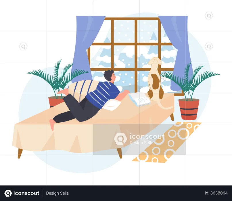 Man and pet dog on bed in front of window  Illustration