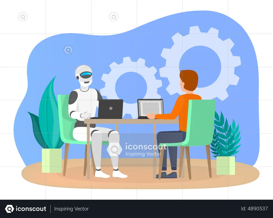 Man and robot working together in office  Illustration