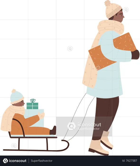 Man and son With Gifts and pushing sledge  Illustration