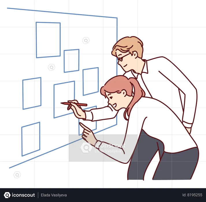 Man and woman are analyzing documents hanging on wall in office to draw up newmarketing strategy  Illustration