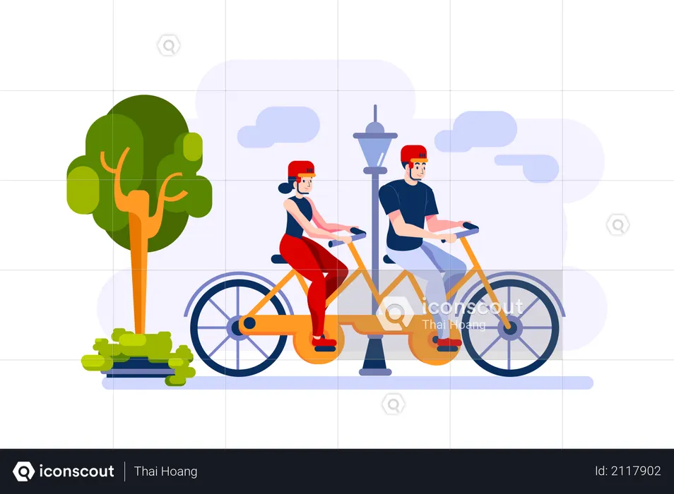 Man and woman are cycling on a double bike in the park  Illustration
