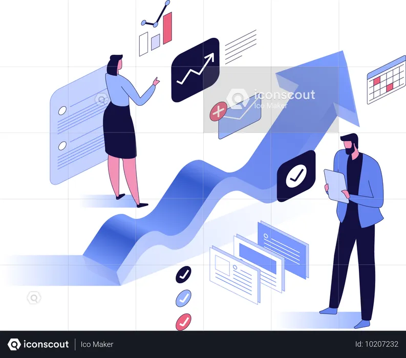 Man and woman at large growth arrow chart  Illustration