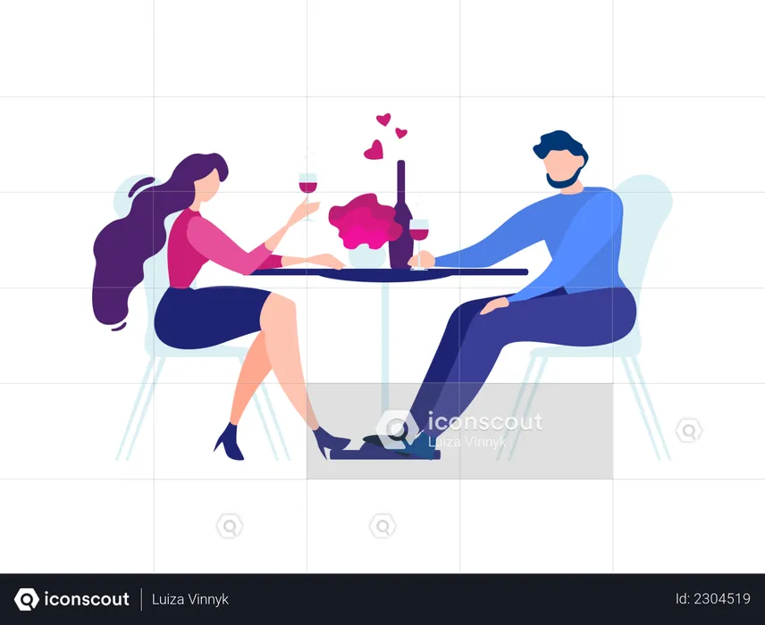 Man and Woman at Restaurant Table Drink Wine  Illustration