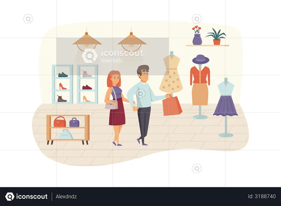 Man and woman buying stylish clothes, shoes and bags  Illustration