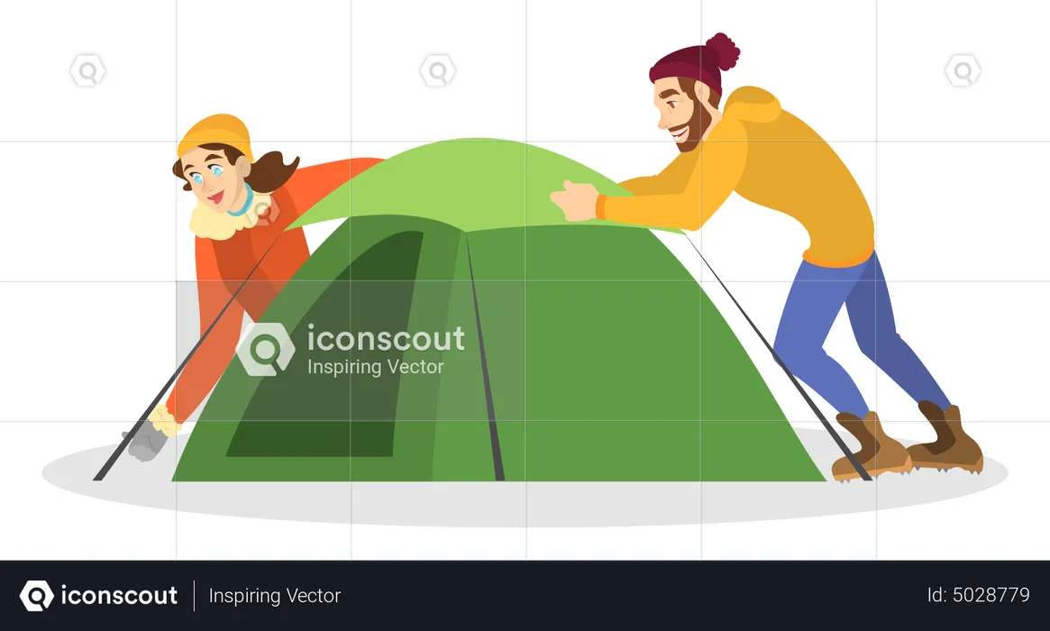 Man and woman camper installing tent  Illustration