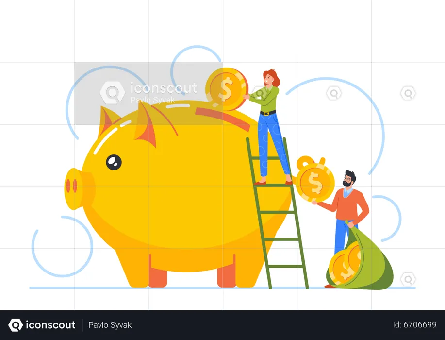 Man And Woman Characters Standing On Ladder Throw Golden Coins Into Huge Piggy Bank  Illustration