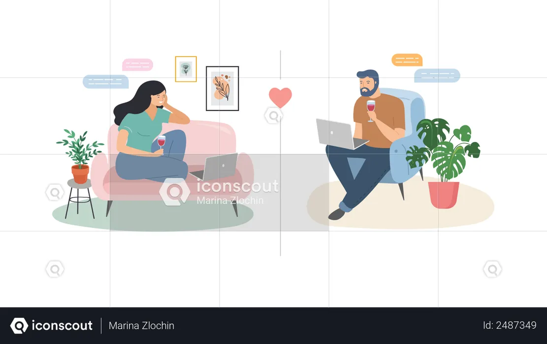 Man and woman chatting in lockdown  Illustration