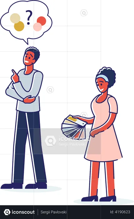 Man and woman choosing color for home design or printing from swatch book with samples  Illustration