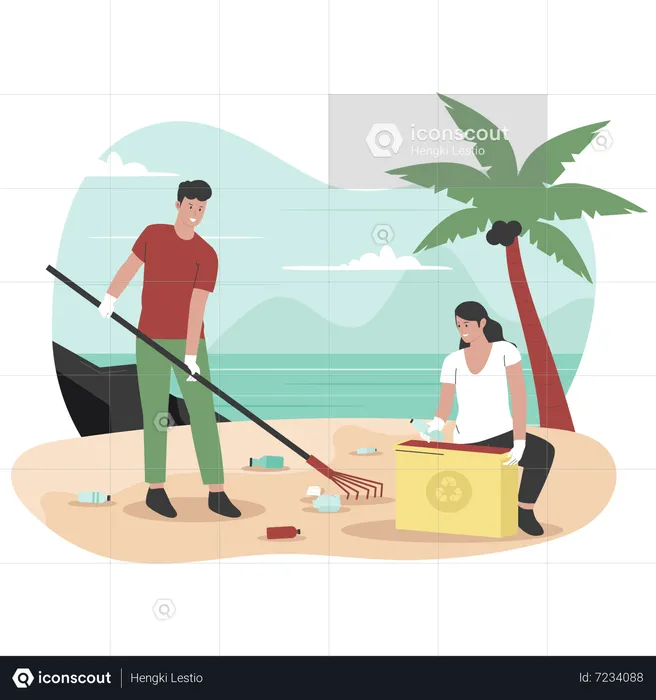 Man and woman cleaning beach from trash  Illustration