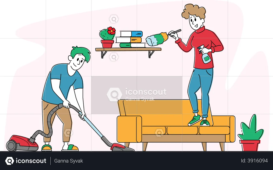 Man and Woman Cleaning House Together in Room  Illustration