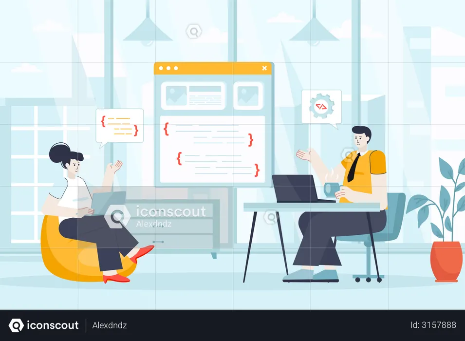 Man and woman coding, create website, app or program interface  Illustration