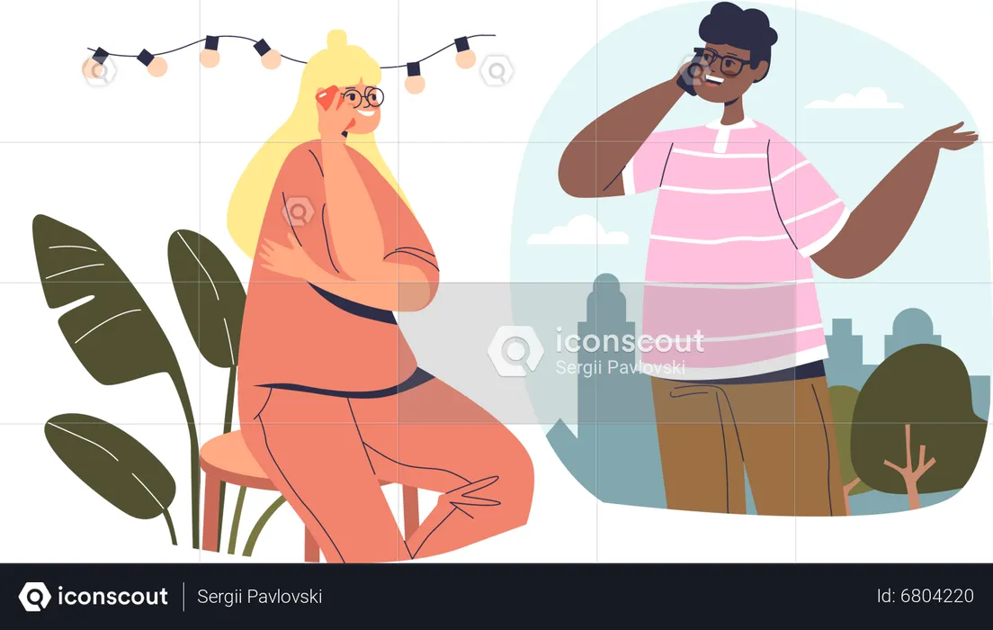 Man and woman communicating on mobile  Illustration