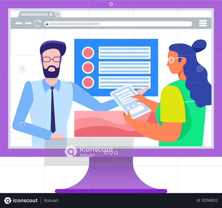 Man and woman conduct online lesson on monitor  Illustration