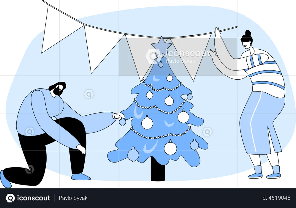 Man and Woman Couple Decorate Christmas Tree  Illustration