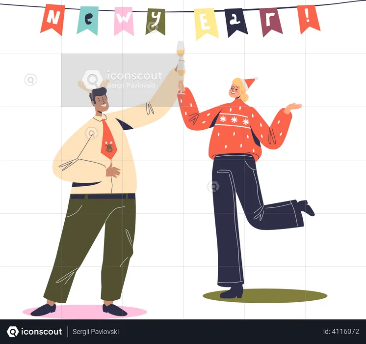Man and woman dancing on new year party.  Illustration