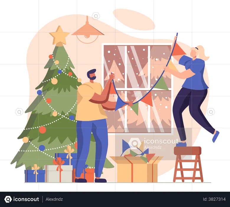 Man And Woman Decorating House On Christmas  Illustration