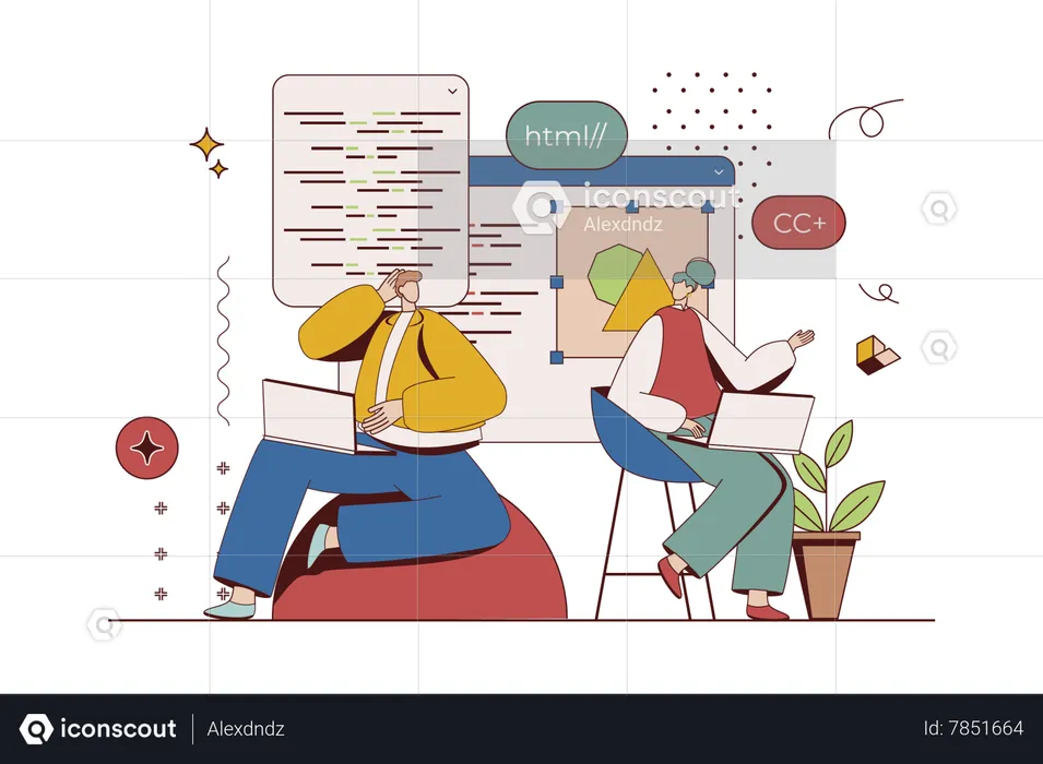 Man and woman discussing project, working with abstract code  Illustration