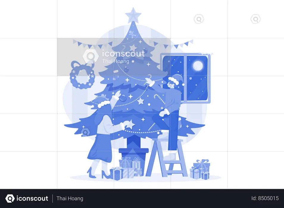 Man and woman doing Christmas tree decoration  Illustration