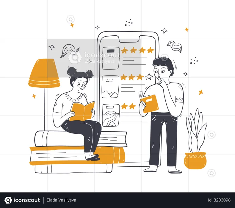 Man and woman doing detail study about customer reviews  Illustration