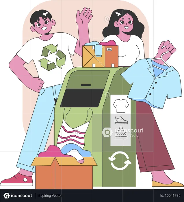 Man and woman doing Fabric recycling for reducing waste and giving second life for old cloth  Illustration