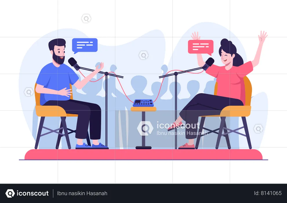 Man and woman doing podcast show  Illustration