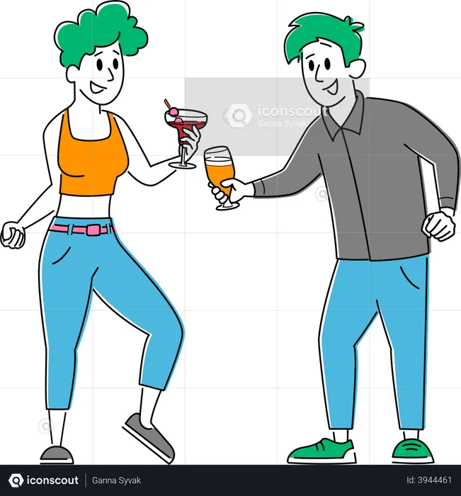 Man and Woman Drink Cocktail and Clinking Glasses  Illustration