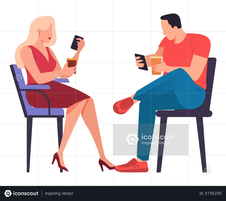 Man and woman drinking coffee while using mobile  Illustration