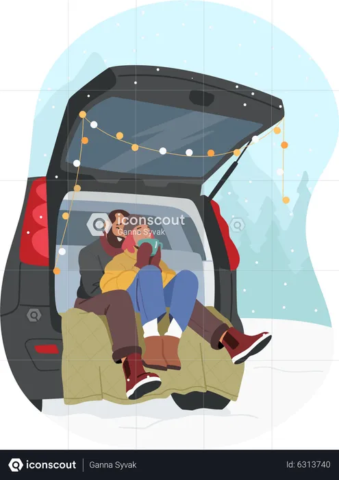 Man and Woman Drinking Hot Tea Sitting in Car Trunk  Illustration