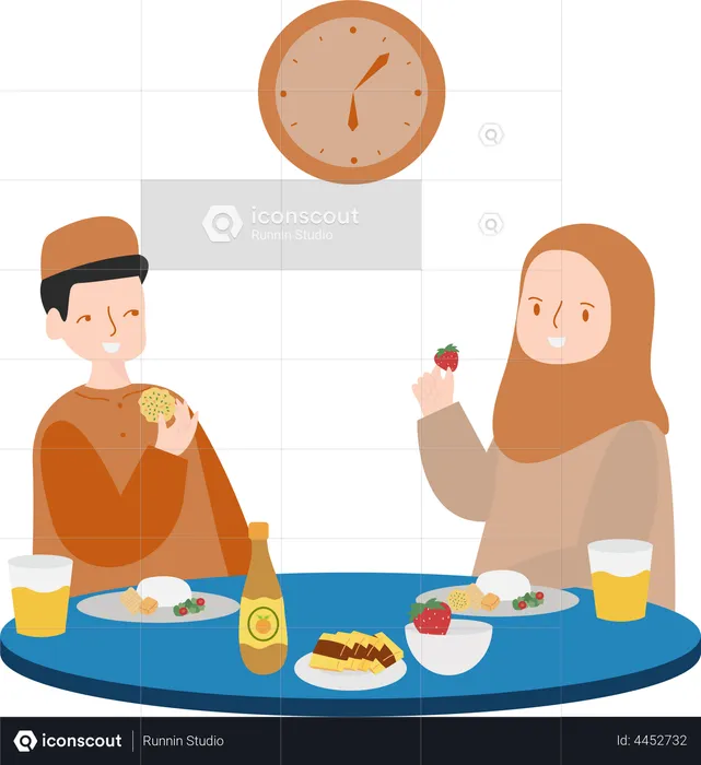 Man And Woman Eating in Iftar Time  Illustration