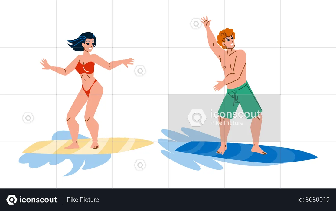 Man And Woman enjoying Surfing on ocean  Illustration