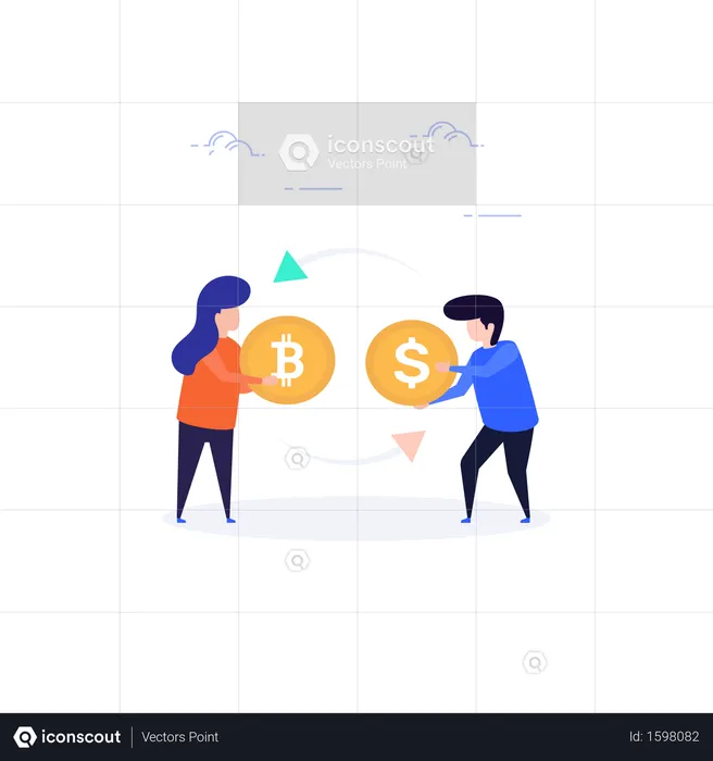 Man and woman exchanging bitcoin and dollar coin  Illustration