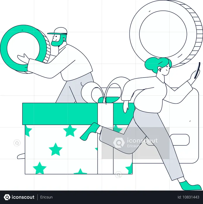 Man and woman getting shopping reward  Illustration