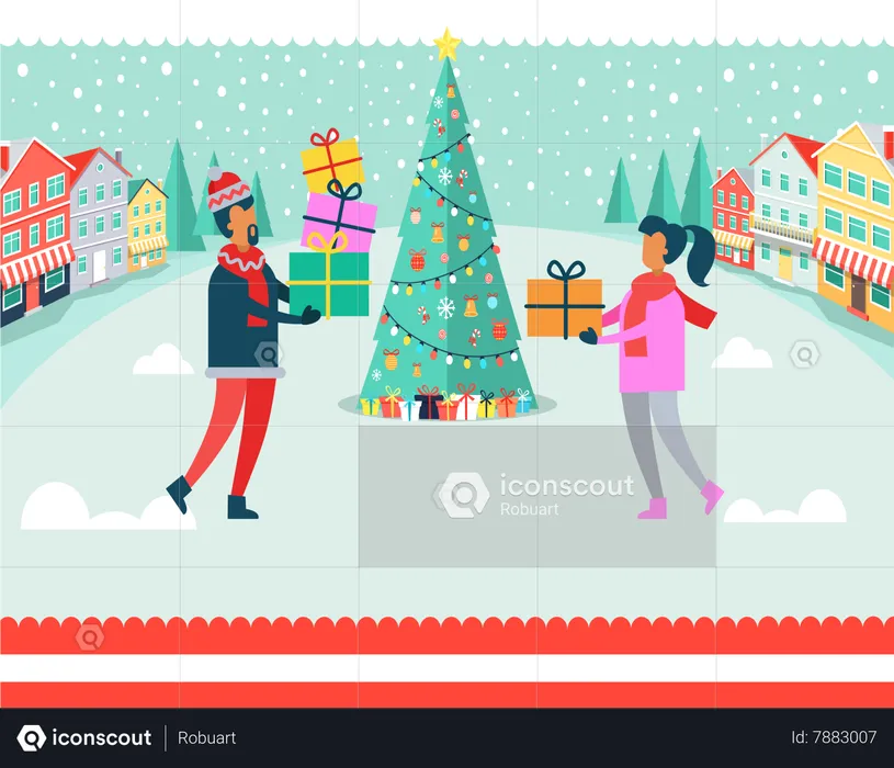 Man and Woman giving gift each other on Christmas  Illustration