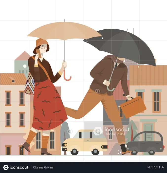 Man and woman going to office in rainy weather  Illustration