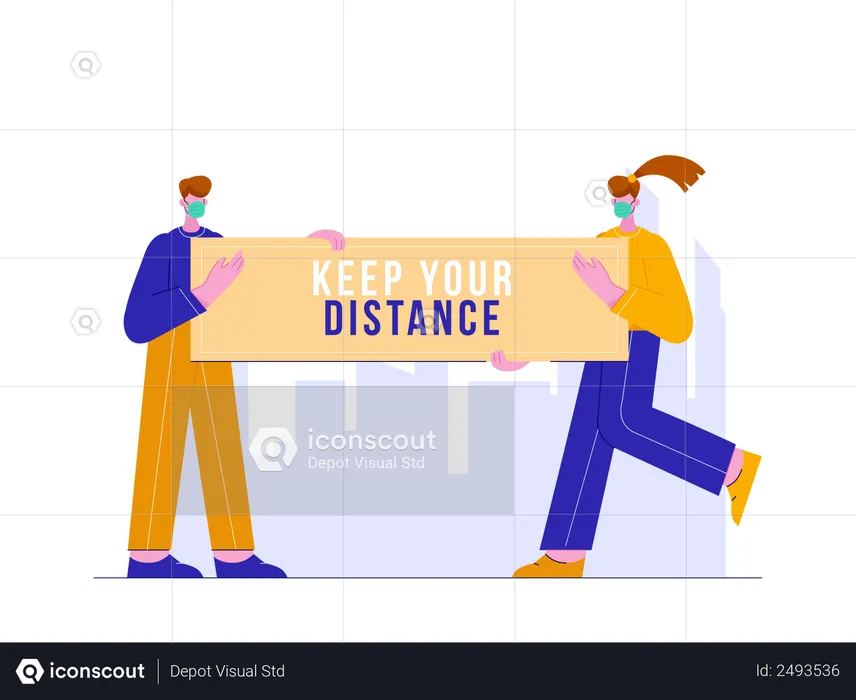 Man and woman holding banner of keep your distance  Illustration