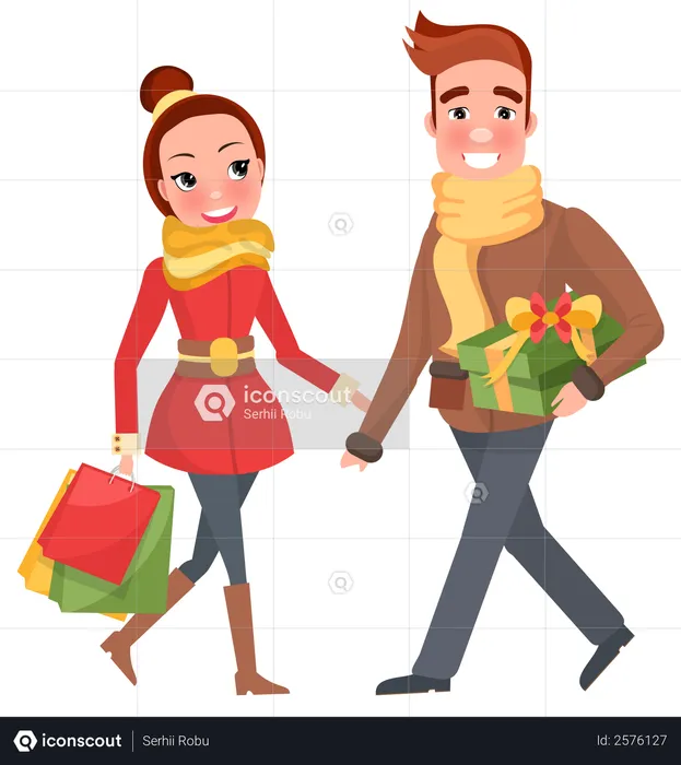 Man and woman holding christmas gifts  Illustration