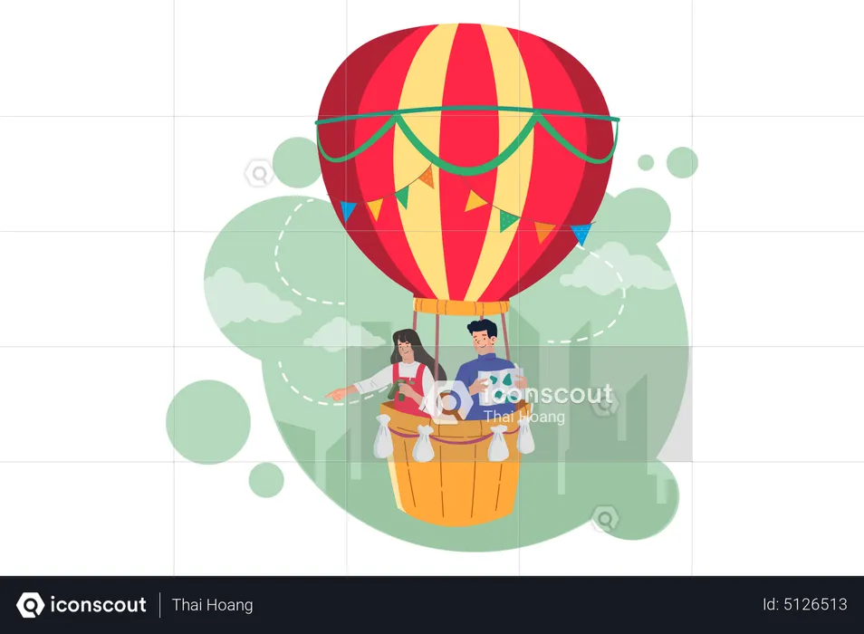Man And Woman In A Hot Air Balloon  Illustration