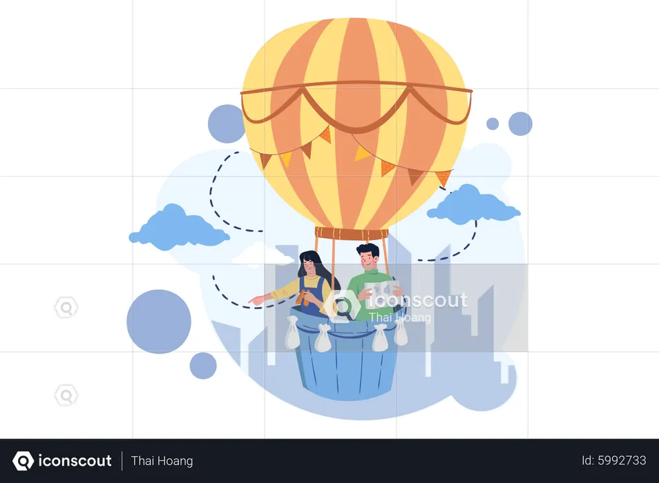 Man And Woman In A Hot Air Balloon  Illustration