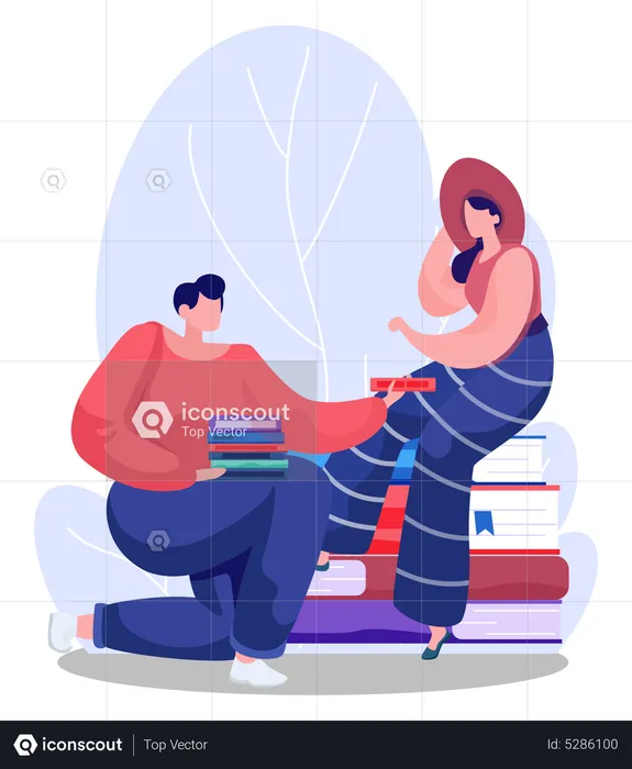 Man and woman in library  Illustration