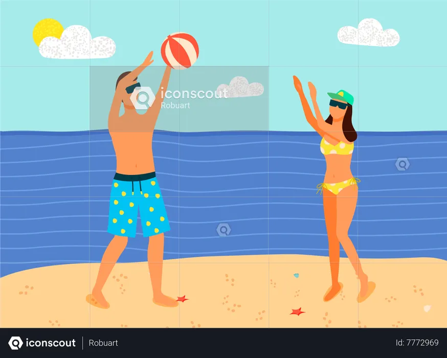 Man and Woman in Swimsuits Playing Inflatable Ball  Illustration