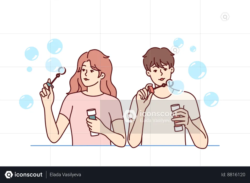 Man and woman inflate soap bubbles  Illustration