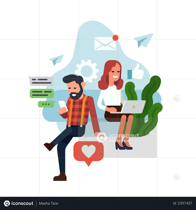 Man and woman interacting with each other using their mobile devices  Illustration