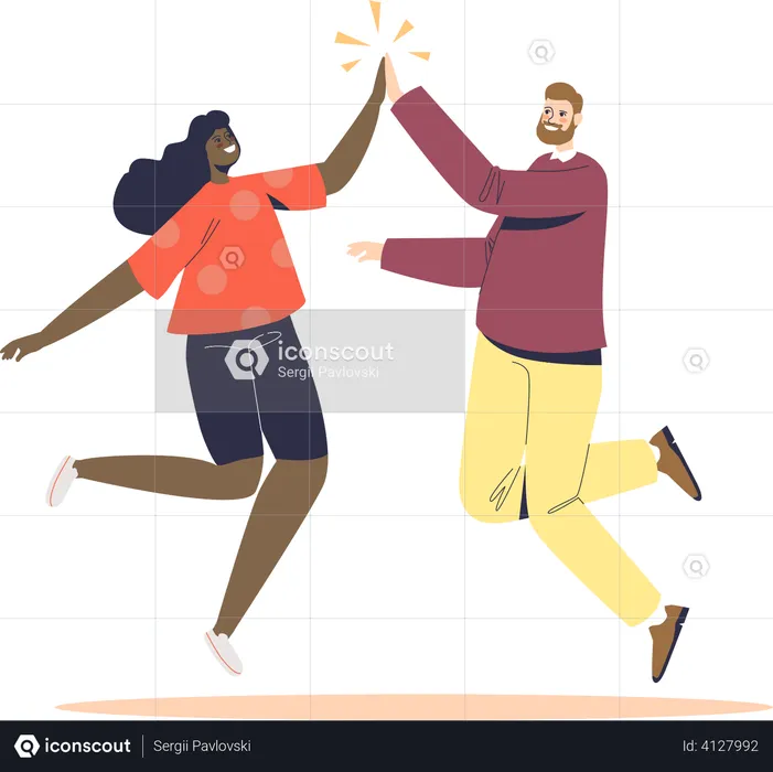 Man and woman jumping up giving high five  Illustration