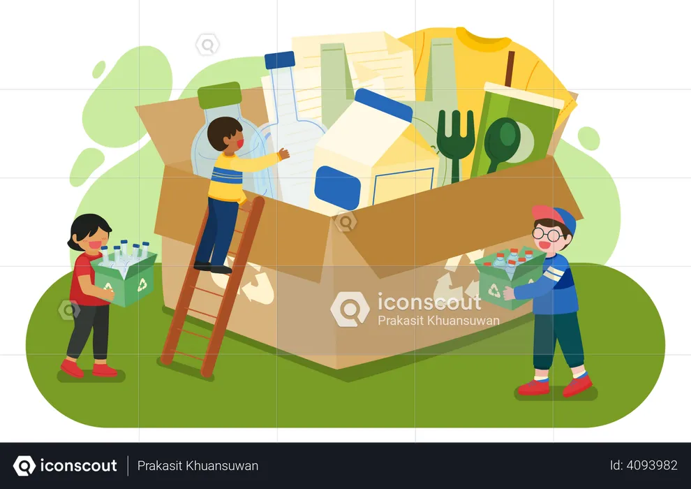 Man and woman keeping plastic bottle into large recycle box  Illustration