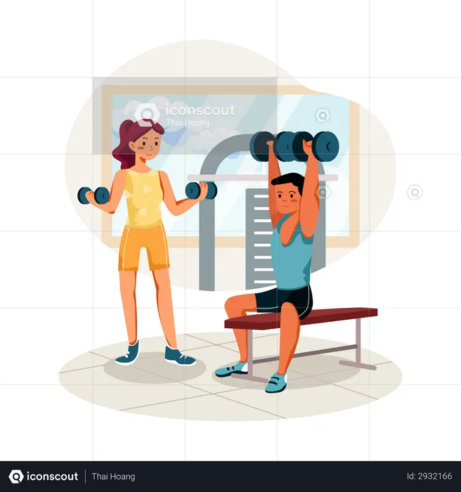 Man and woman lifting weights in gym  Illustration